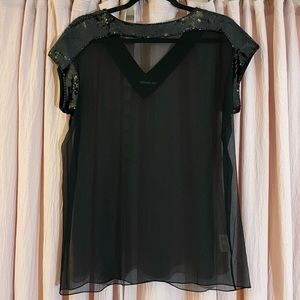 Magaschoni Sheer Black Silk + Sequin Top